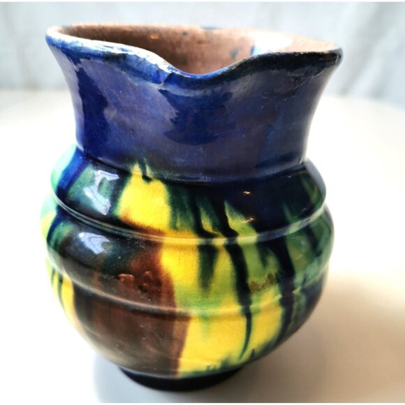 Vtg Art Pottery Pitcher Blue Green Yellow Drip Glaze Jug MCM Fat Lava Style - Picture 6 of 10